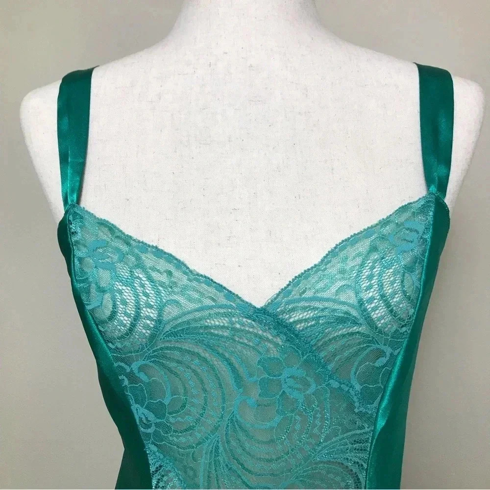 Victoria’s Secret VINTAGE GOLD LABEL Satin Lace Maxi Slip Dress Size Small Green - Picture 3 of 16
